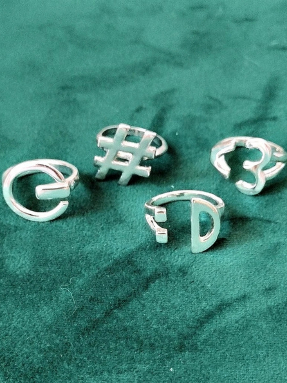Silver-Tone Charm Ring Set Hashtag, Power button, heart-adjacent symbol